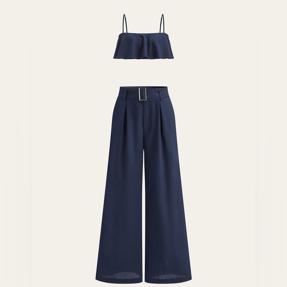 Commense Pants - Navy 2 piece set Wide-Leg Pants Set Linen Blend Large
